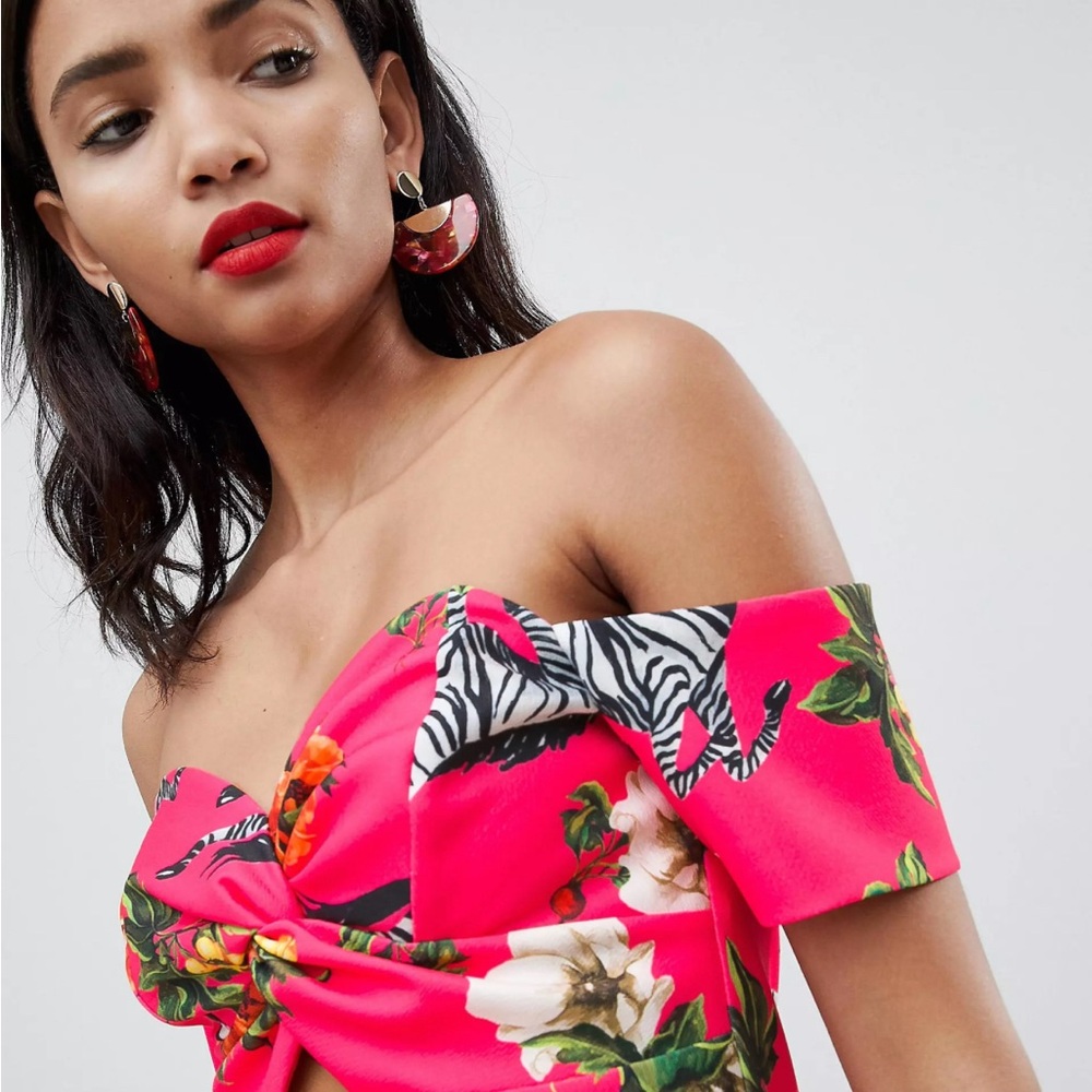 Off-Shoulder Pink Floral Midi Dress - Picture 4 of 7